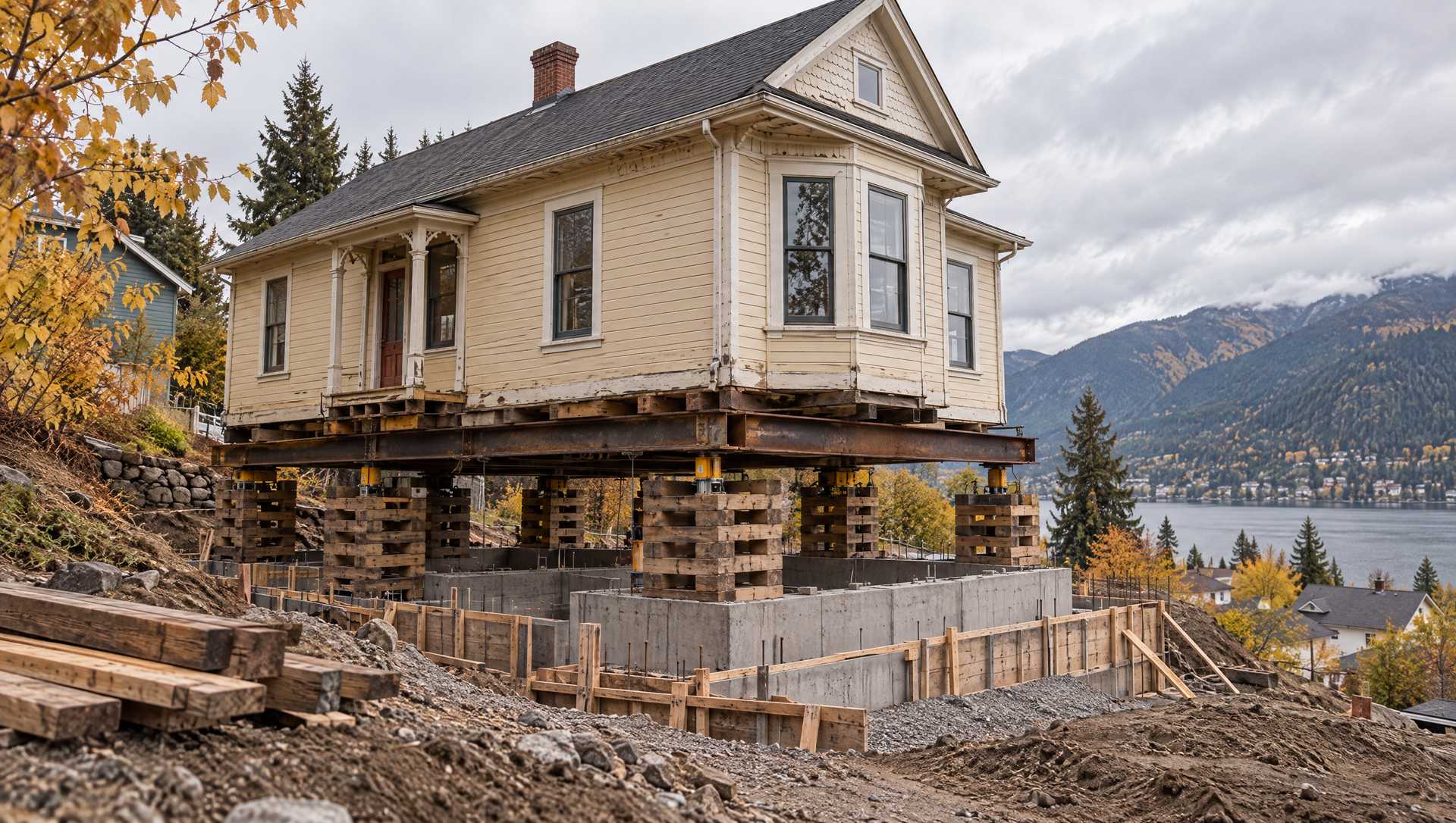 A heritage house on a Nelson hillside lifted onto timber cribbing while its new foundation is built beneath it