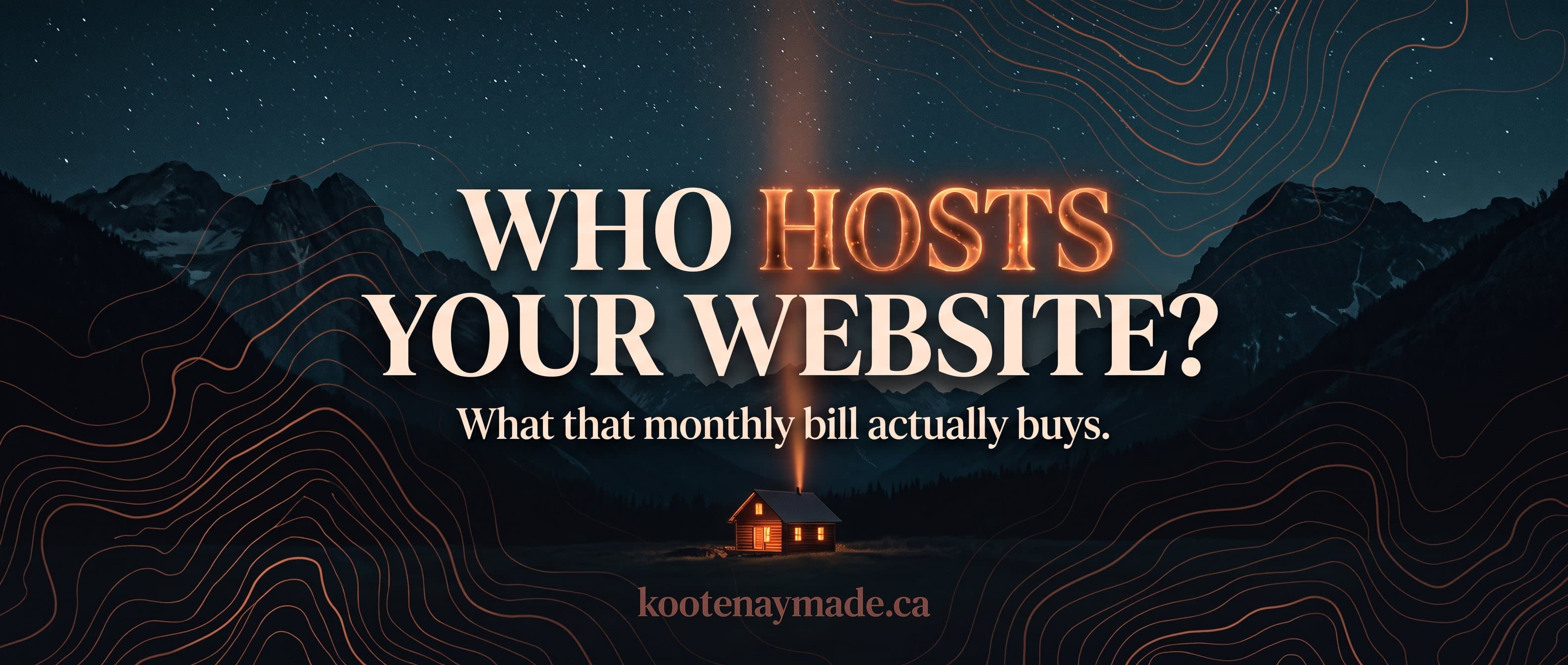 A lone lit cabin in a dark mountain valley, standing in for the server that keeps a website online