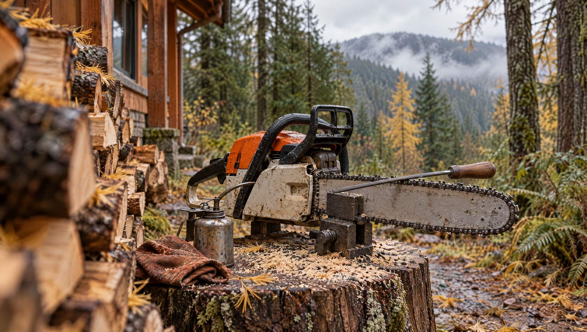 A chainsaw clamped in a stump vise mid-sharpening beside a woodpile of larch rounds, cedar forest behind