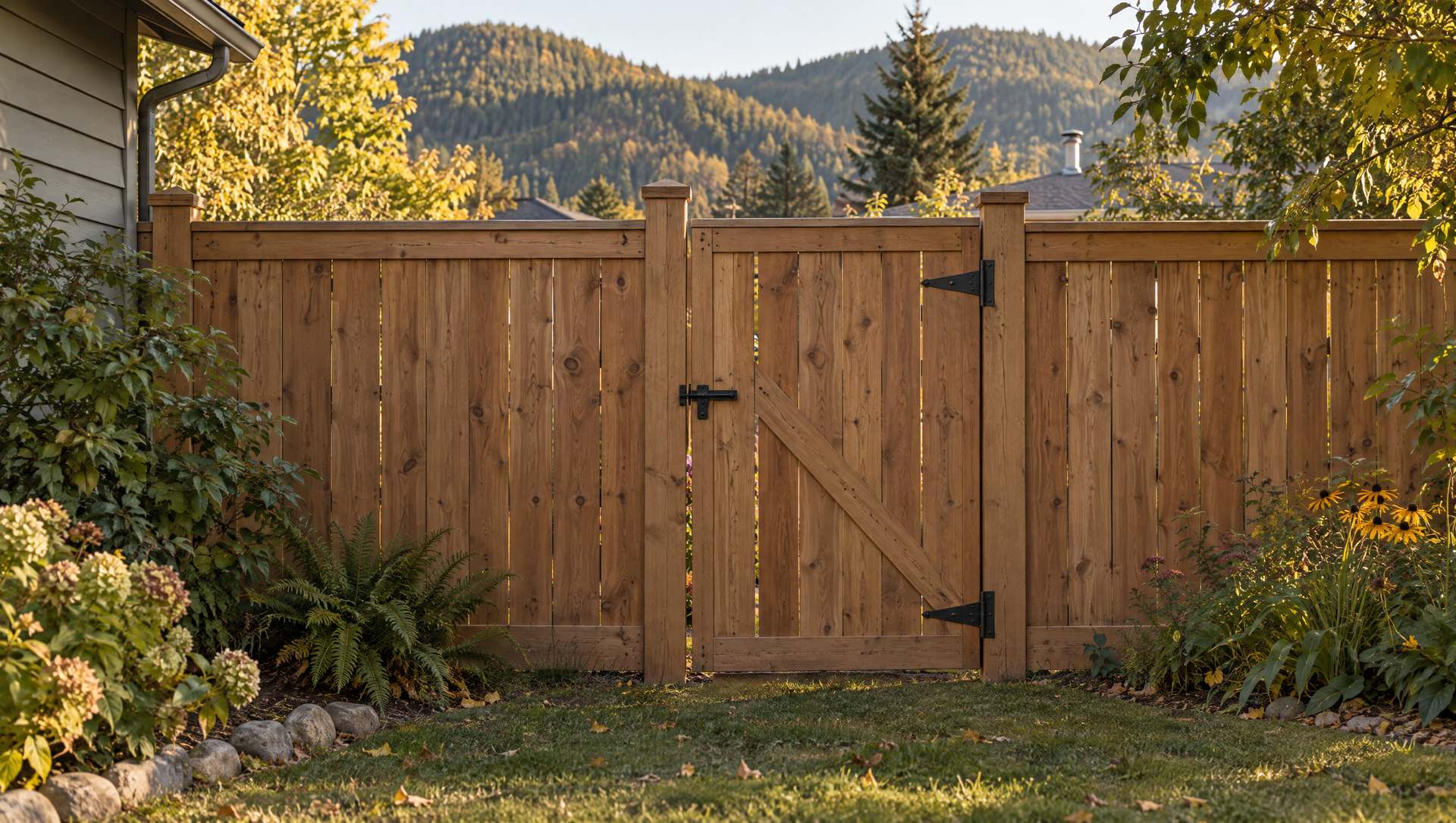 A tall cedar privacy fence and a latched wooden gate along a backyard garden, forested hills behind