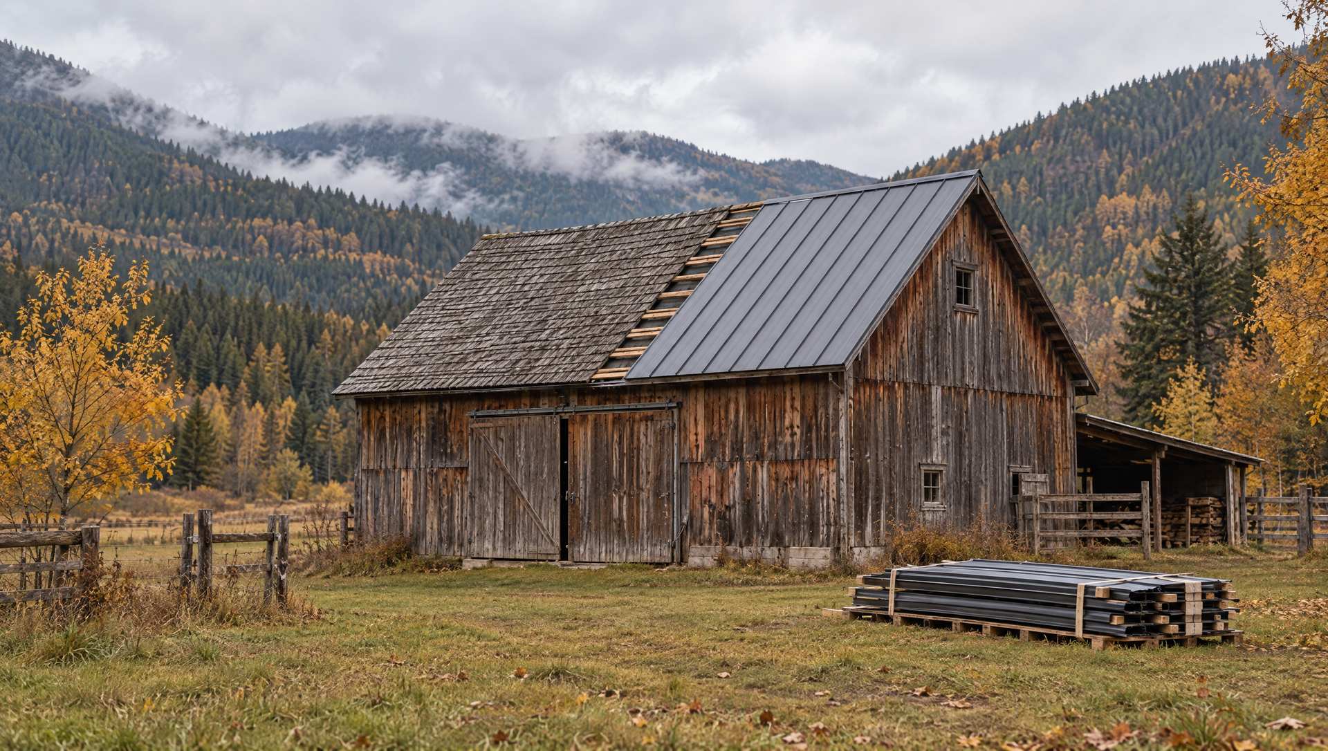 A weathered timber barn in a mountain valley, half its roof still grey cedar shakes and half new metal, with a pallet of roof panels on the grass