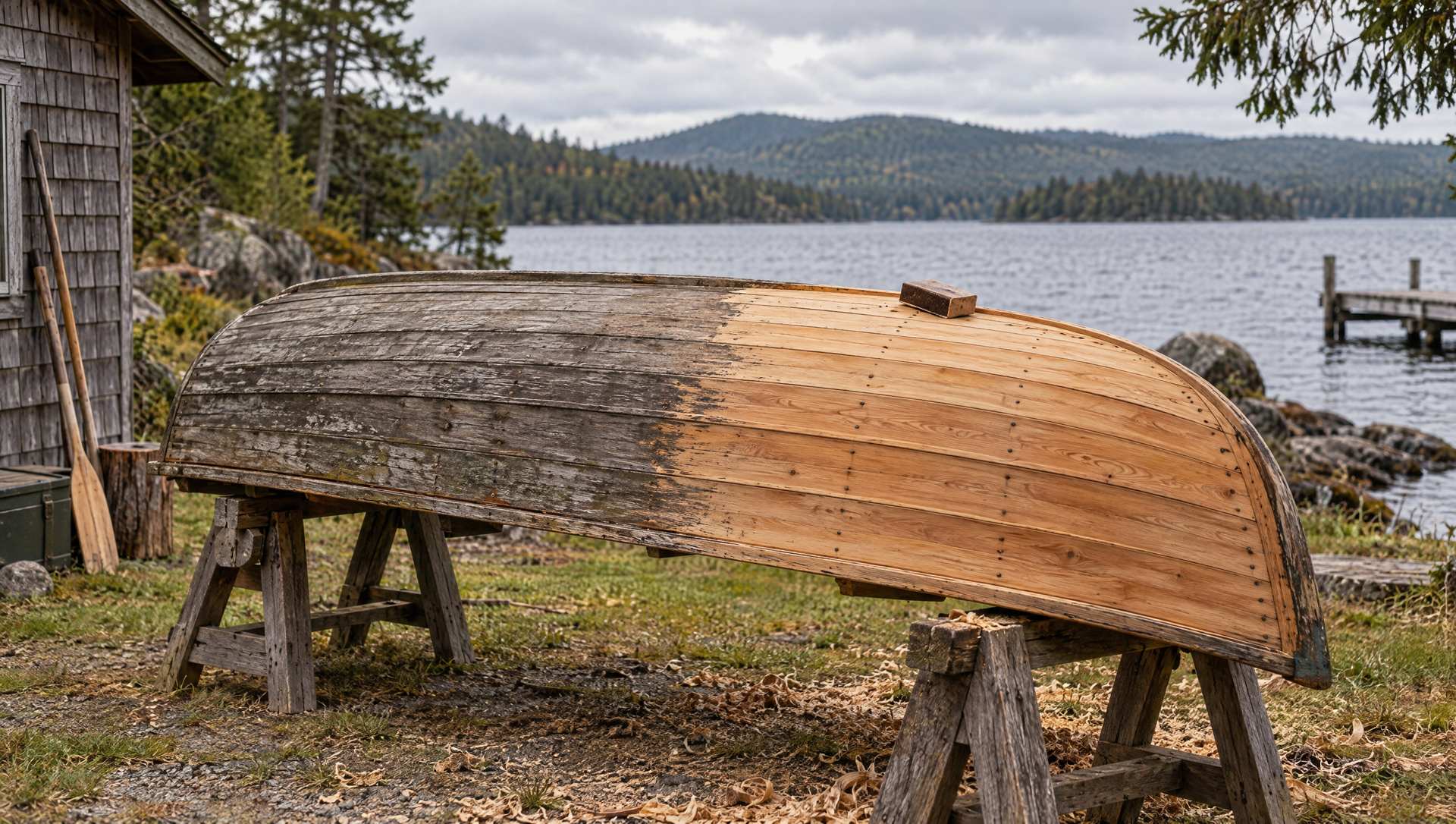 An old cedar rowboat on trestles by a lake, half sanded back to fresh wood and half still weathered grey