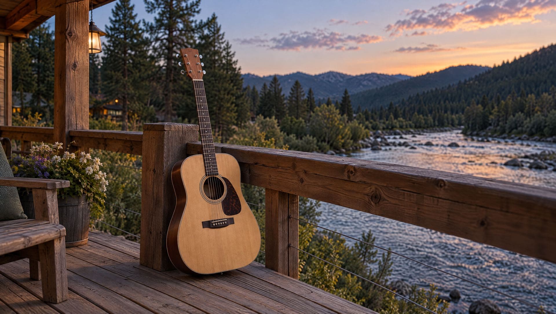 An acoustic guitar leaning on a cedar porch rail above a river at summer blue hour