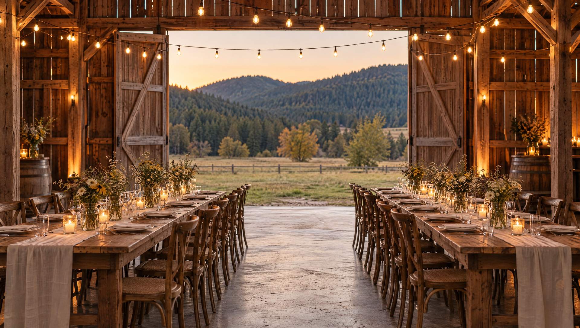 A barn set for a reception with long wooden tables, string lights and wildflowers, doors open to a field at dusk