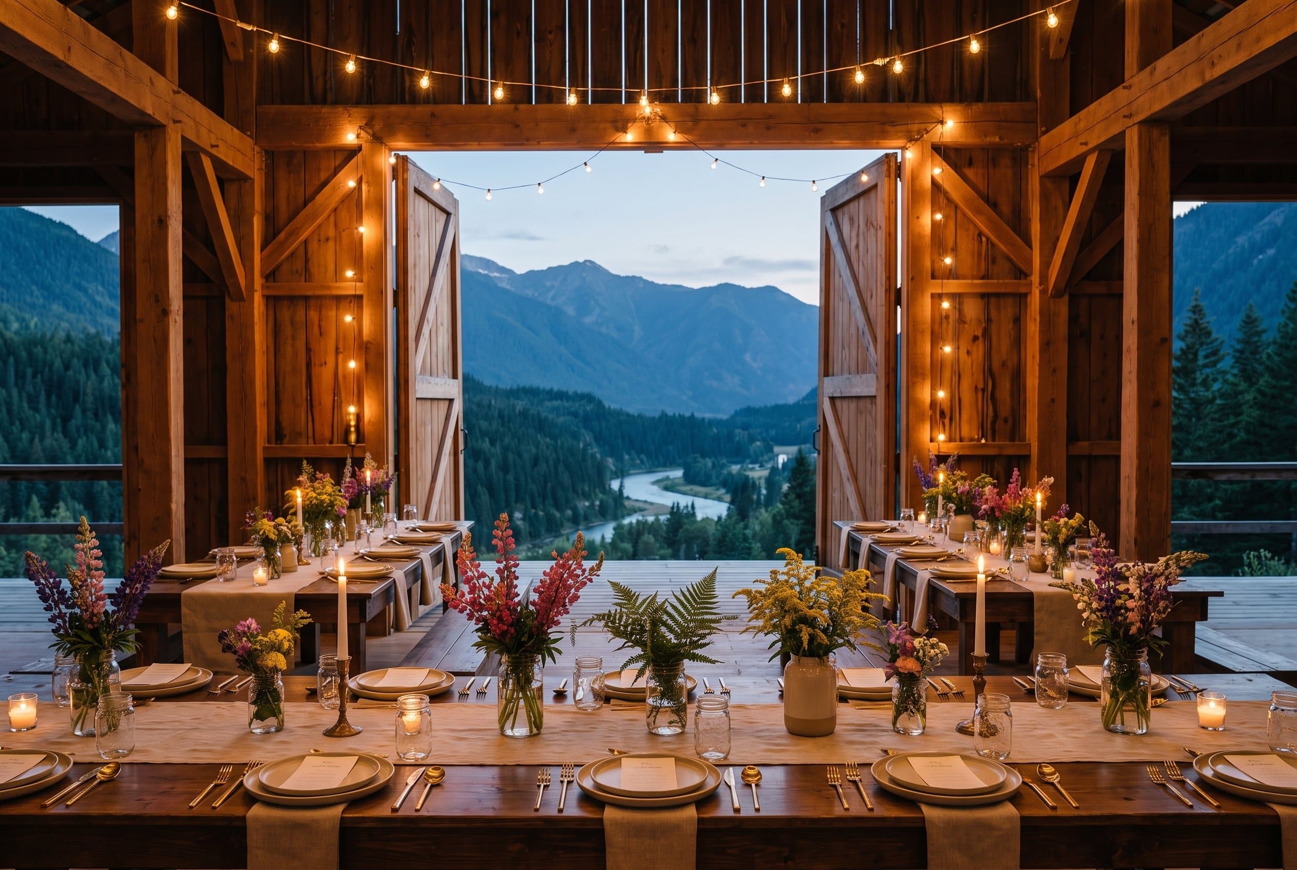 A timber event venue strung with string lights at dusk, mountains behind, set for a wedding reception