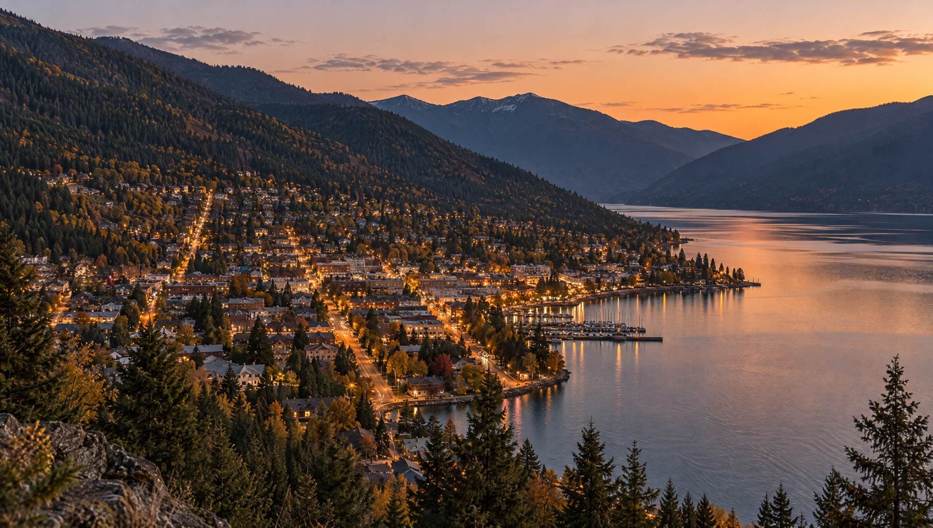 An aerial view of Nelson's hillside streets at dusk as the lights come on, Kootenay Lake beside the town