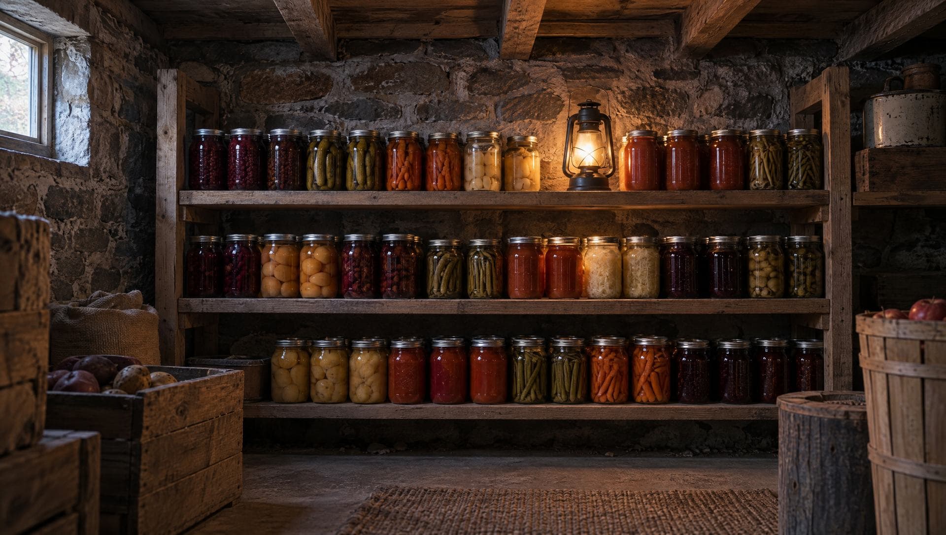 A root cellar with preserved jars in orderly rows on wooden shelves, lit by one lantern
