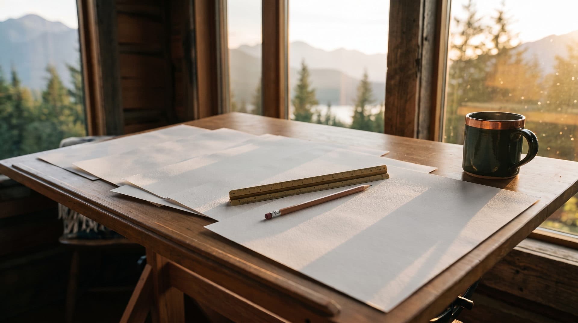 A drafting table by a cabin window with five blank sheets of heavy paper laid out overlapping, a brass scale rule and a pencil across them