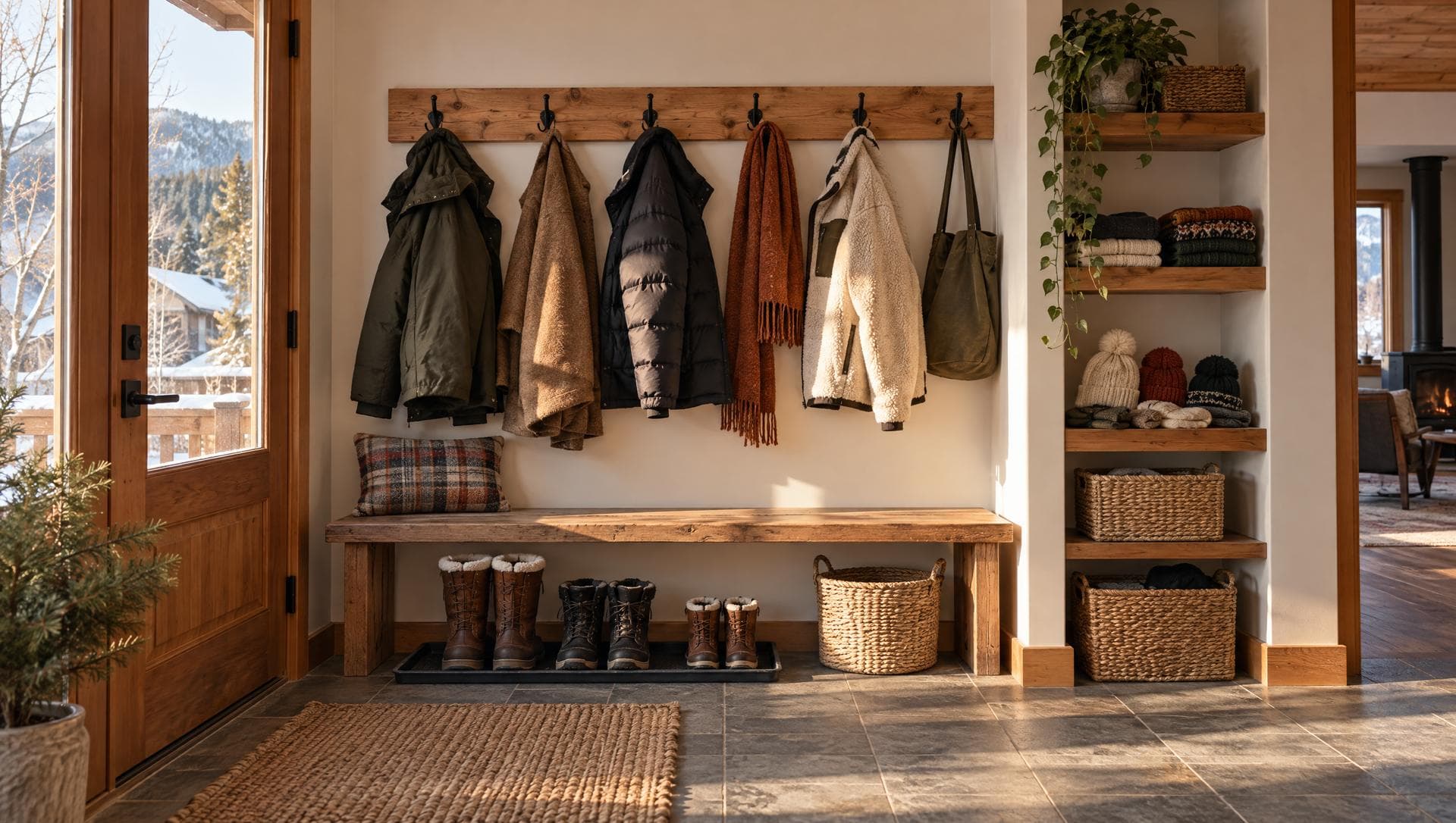 A tidy mudroom with coats on hooks, a bench, boots on a tray and baskets on shelves