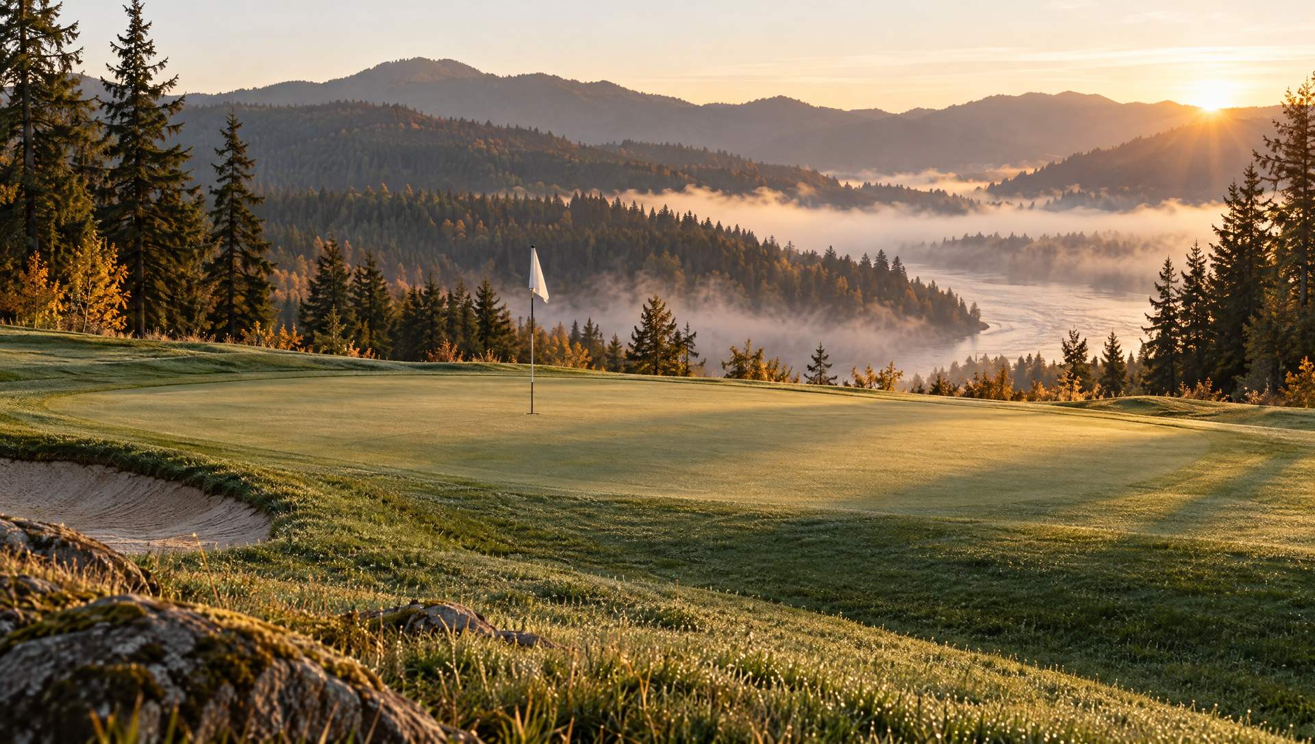 A golf green with dew on the grass at dawn, a plain flag on the pin and fog over the river valley below