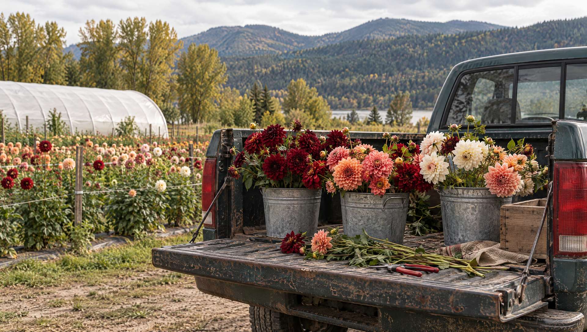 Buckets of fresh dahlias on a farm truck's tailgate at a flower farm, rows of dahlias and a hoop house behind