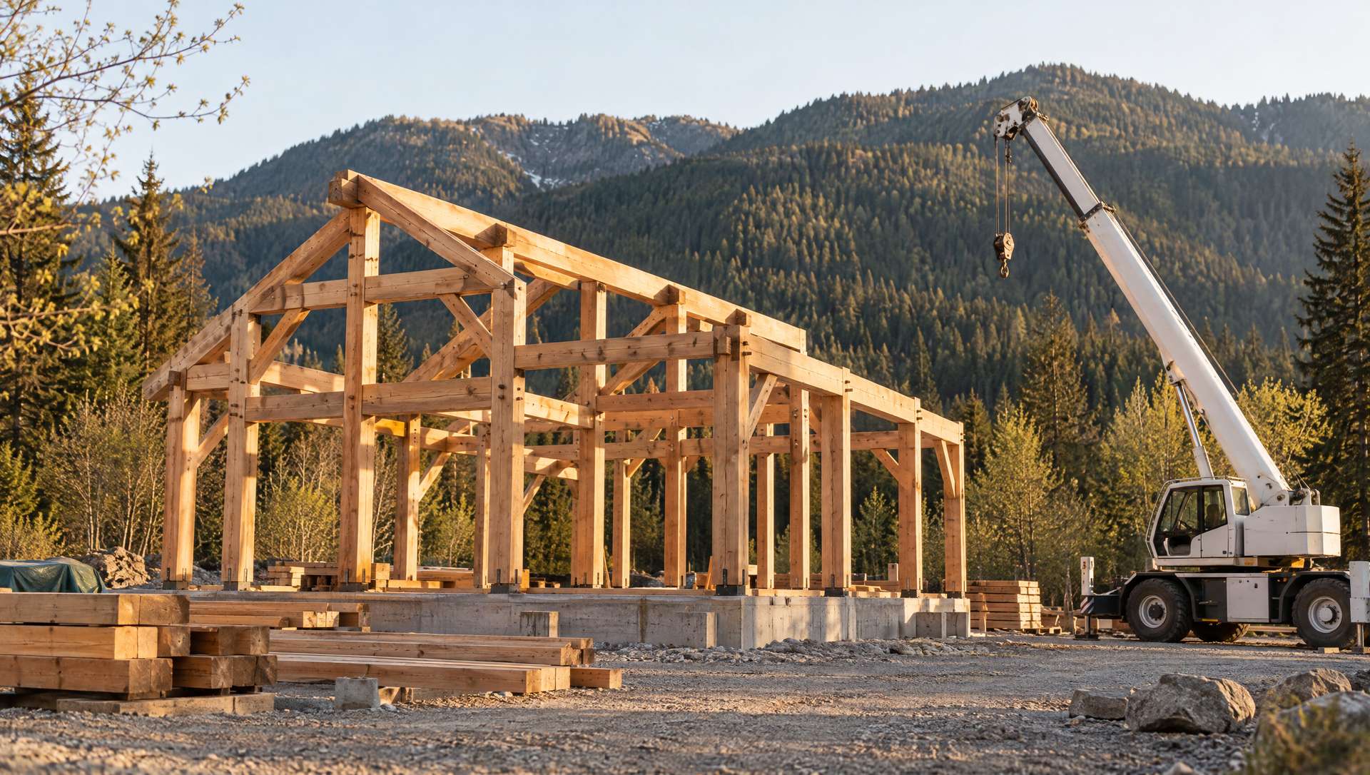 The bare timber frame of a building going up on a site in spring, a small crane beside it