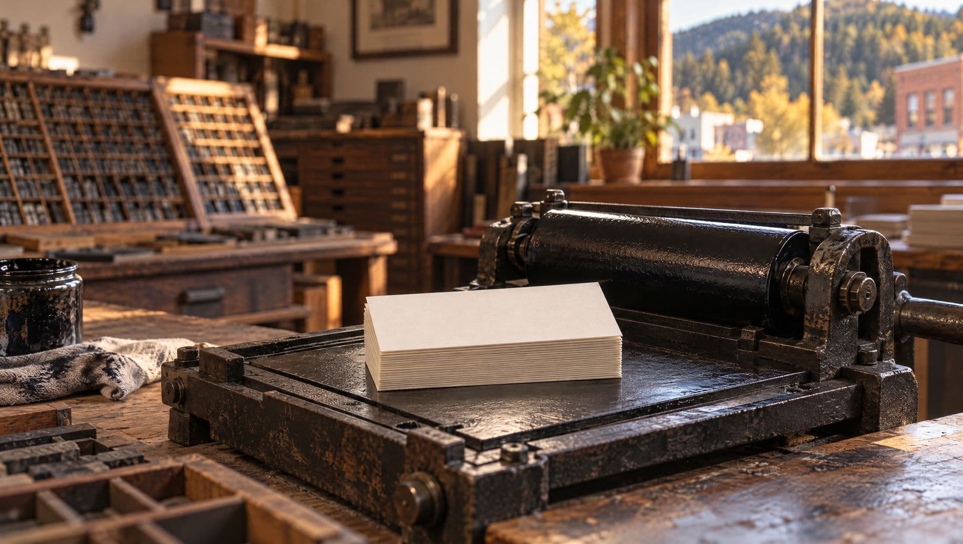 A stack of blank cards on the bed of a vintage letterpress with an ink roller, in a small print shop