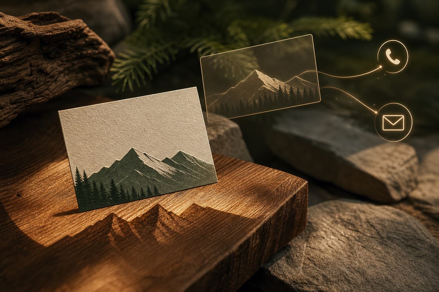 A clean local business card connecting an in-person handoff to a useful next step like a quote page, menu, or booking link