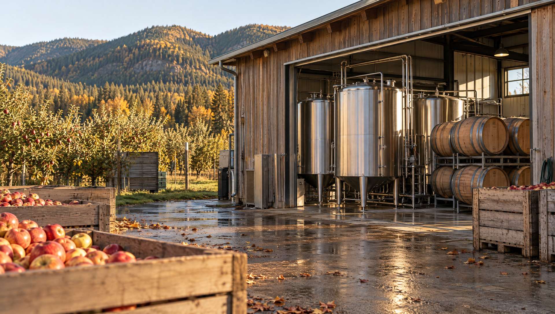 A small cidery beside an orchard with stainless tanks, oak barrels and crates of fresh apples