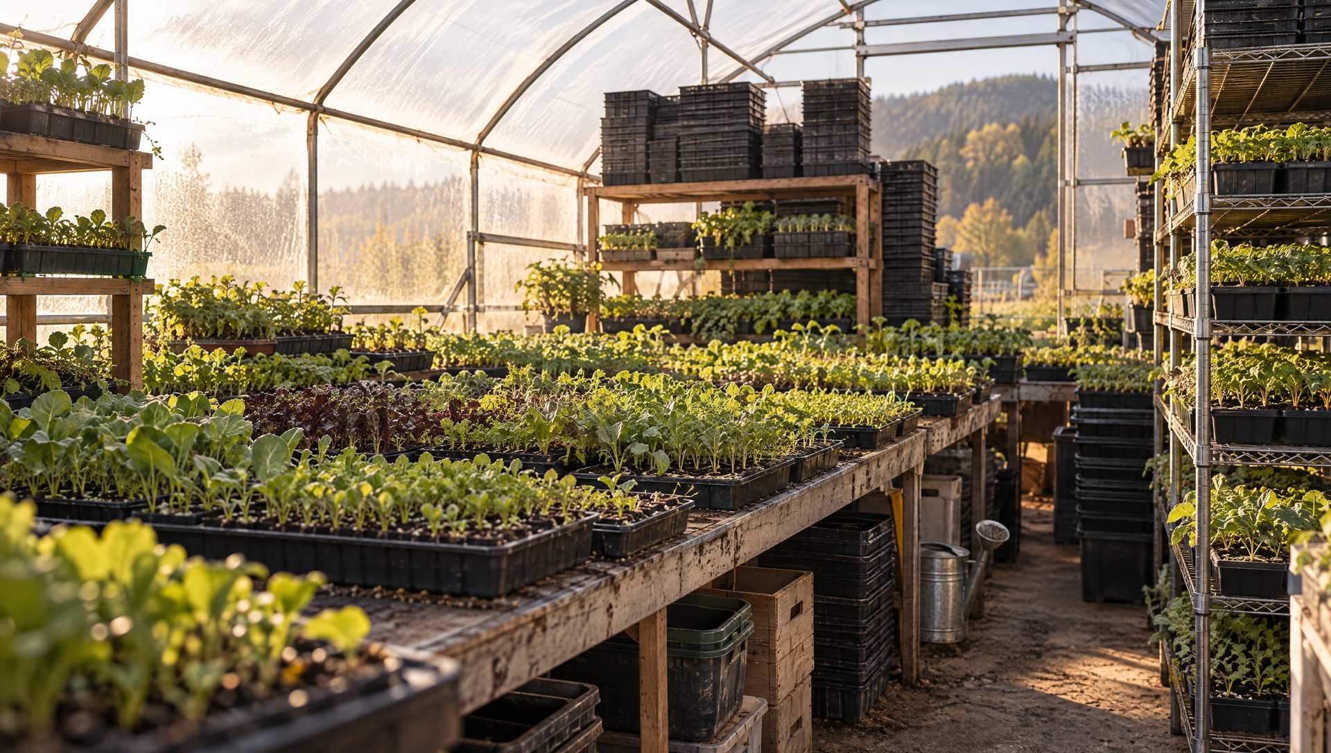 A greenhouse overflowing with seedlings on every bench and shelf, trays stacked to the roof