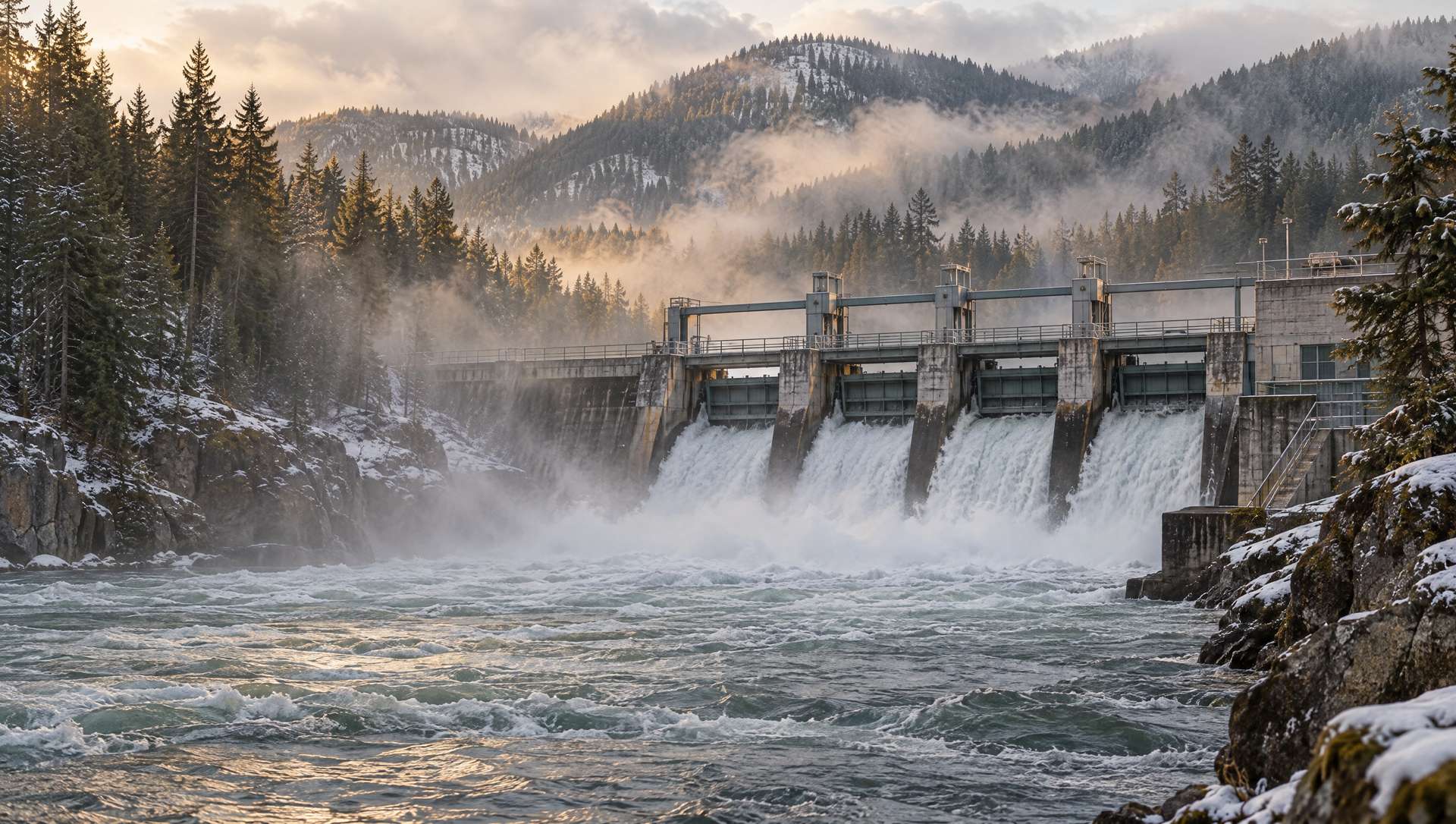 Water pouring through the gates of a small hydro dam on the Kootenay River in winter mist