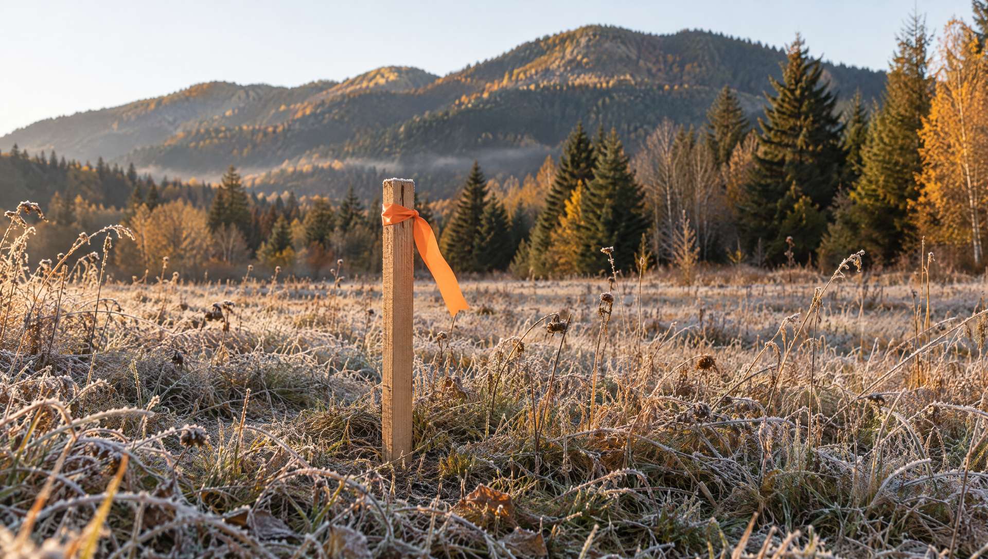 A survey stake with a bright orange ribbon marking a property corner in a frosty meadow