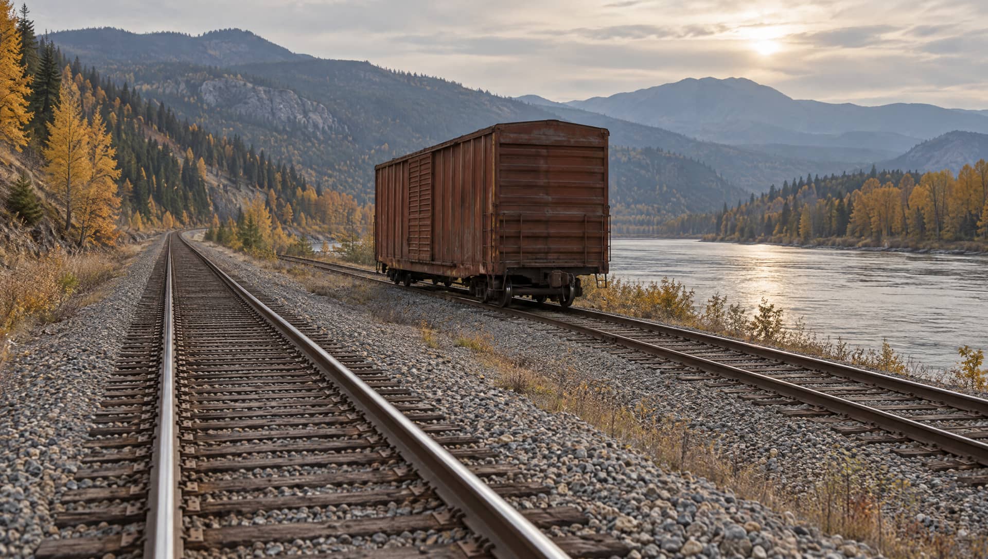 A plain boxcar sitting on a railway siding while the main line runs on past it through a Kootenay valley