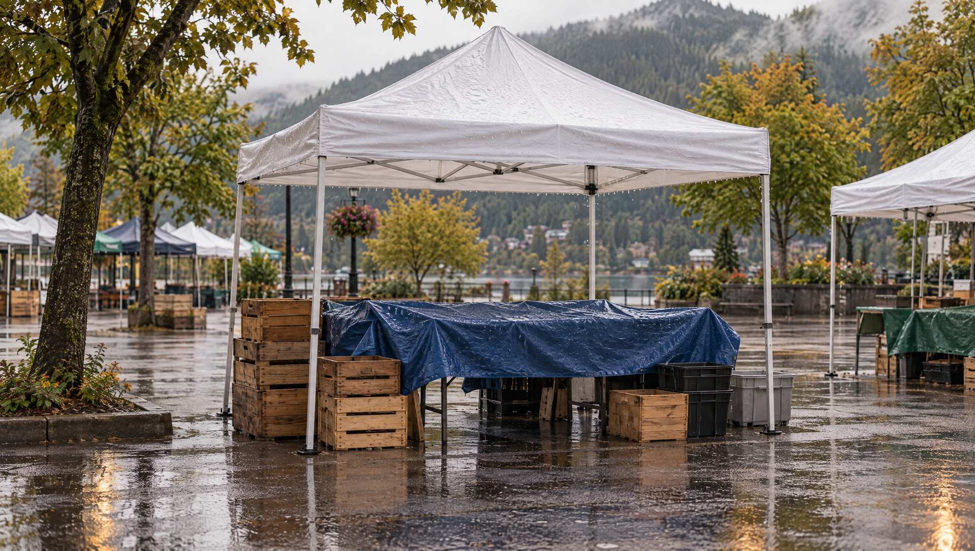 An empty pop-up canopy tent at a farmers market in the rain, its goods covered by a tarp