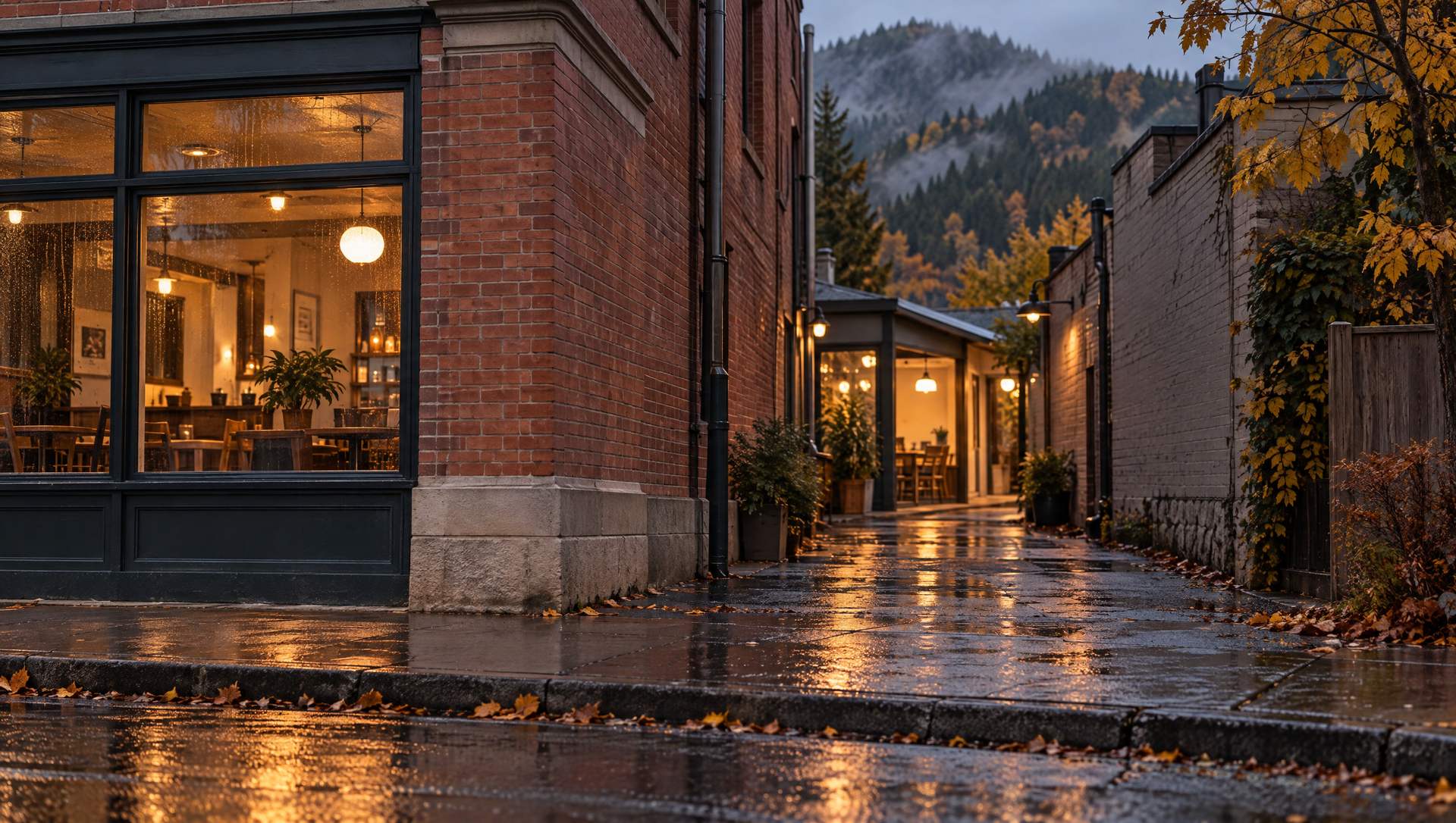 A small cafe's lit window down a rainy side lane off a heritage main street at dusk