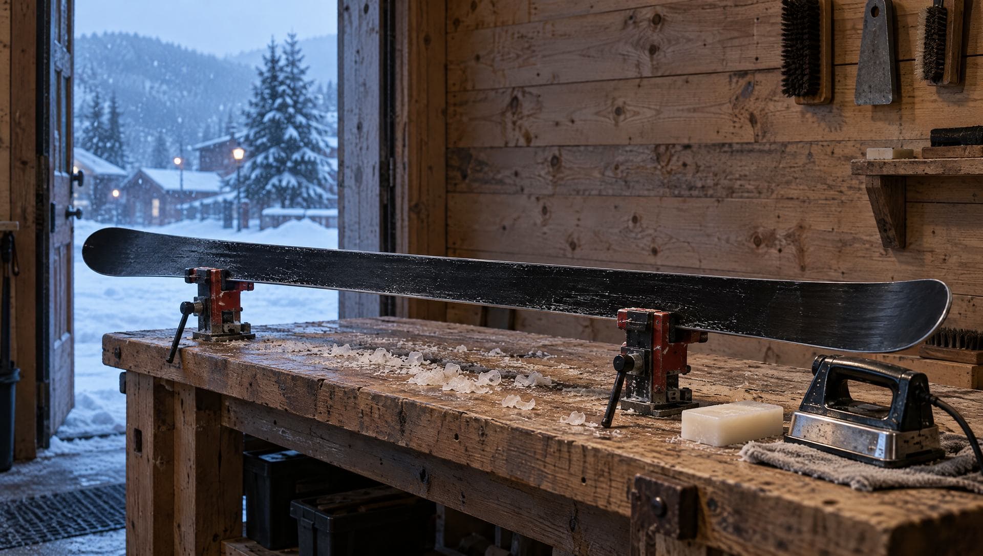 A plain black ski clamped on a tuning bench with a waxing iron and a block of wax, snow falling beyond the open shop door