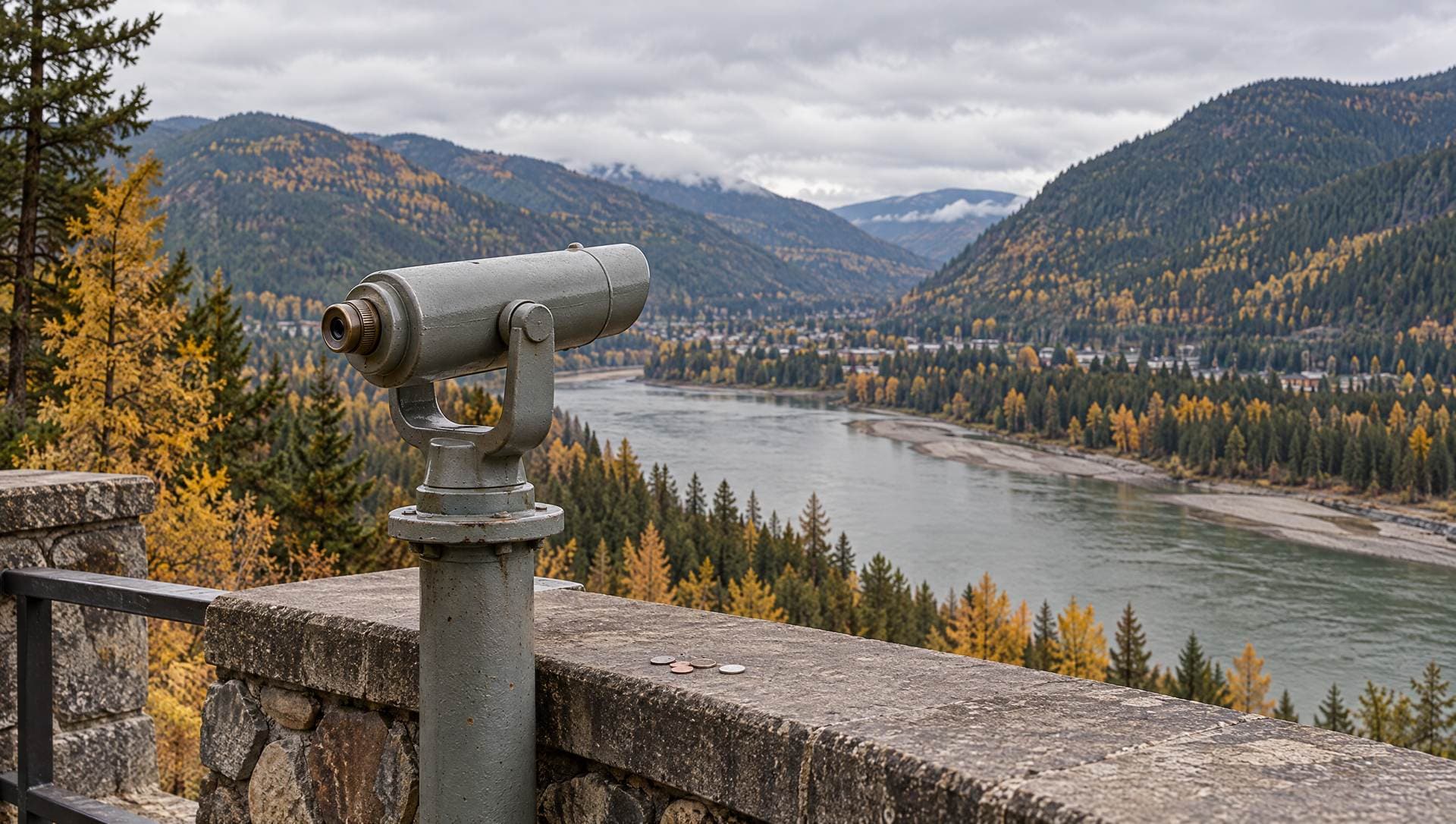 A coin-operated viewing scope with a few coins on its ledge at a lookout above the Columbia River in autumn
