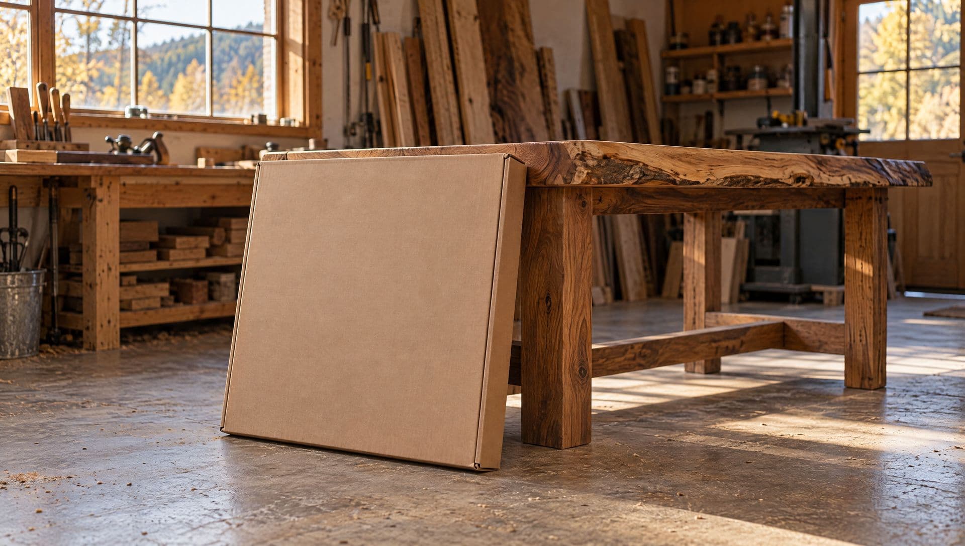 An unopened flat-pack box leaning against a hand-built live-edge table in a woodworking shop