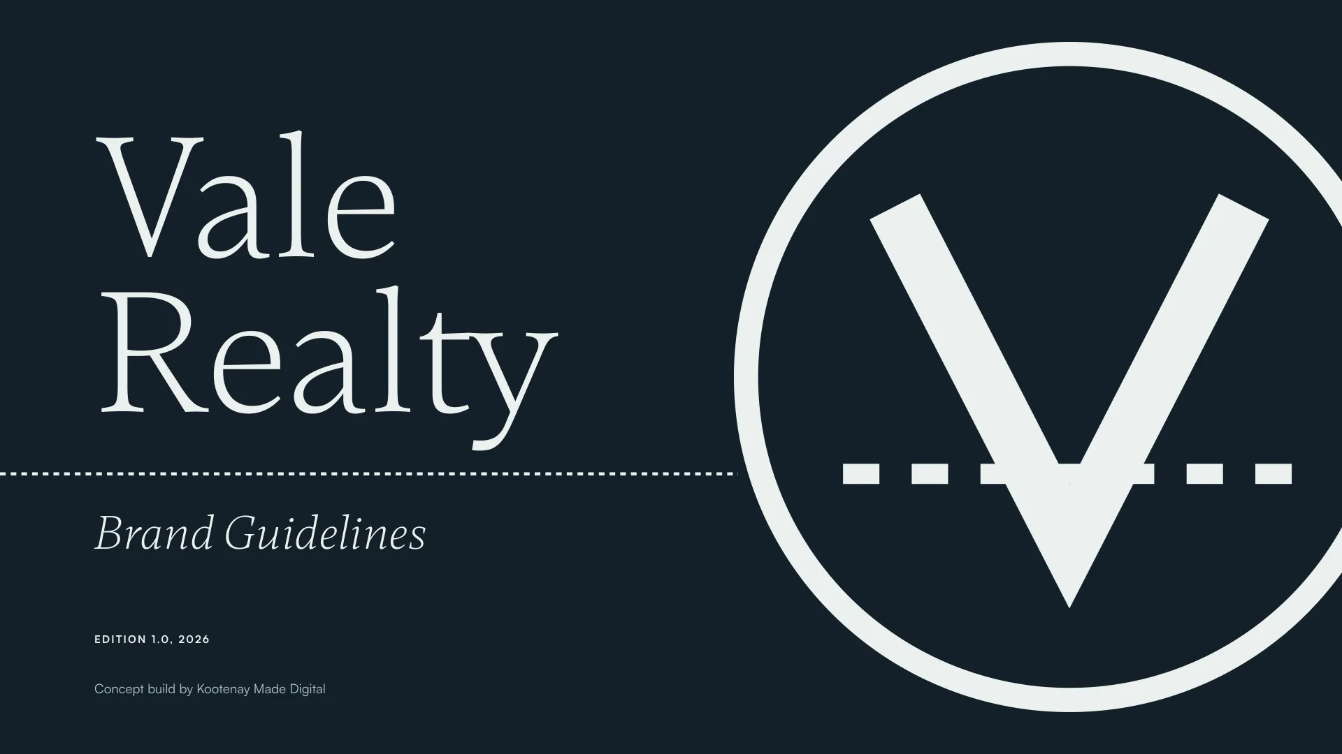 Concept: page 1 of the Vale Realty brand guidelines, the cover, with the Vale Realty name and the mark on Sea Ink