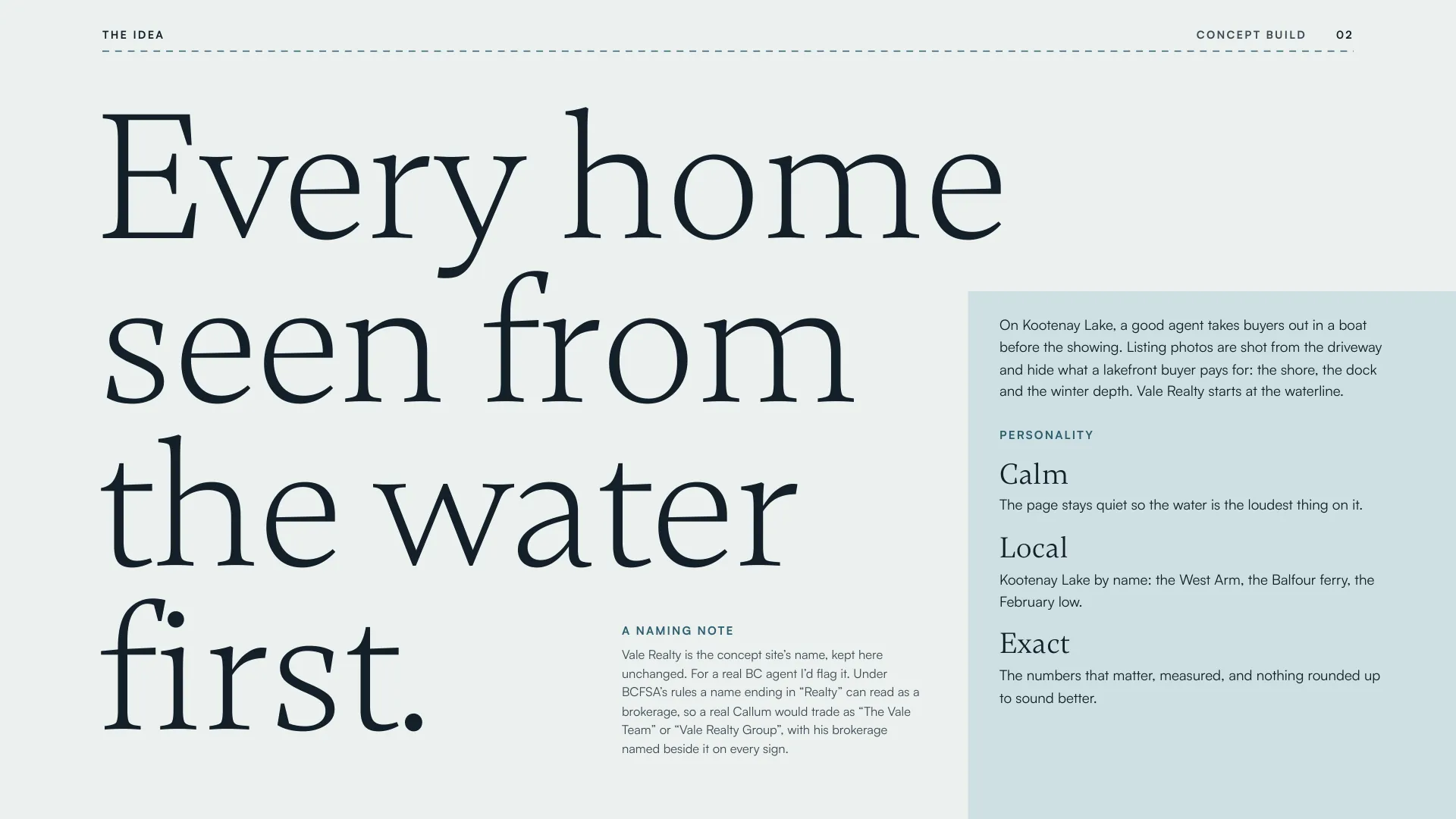Concept: page 2 of the Vale Realty brand guidelines, the statement "Every home seen from the water first" with the brand personality