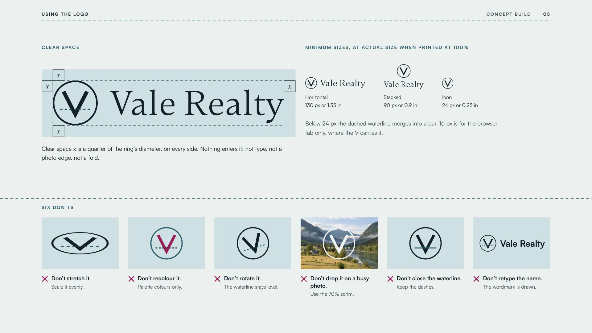 Concept: page 5 of the Vale Realty brand guidelines, clear space, minimum sizes and six ways not to use the logo