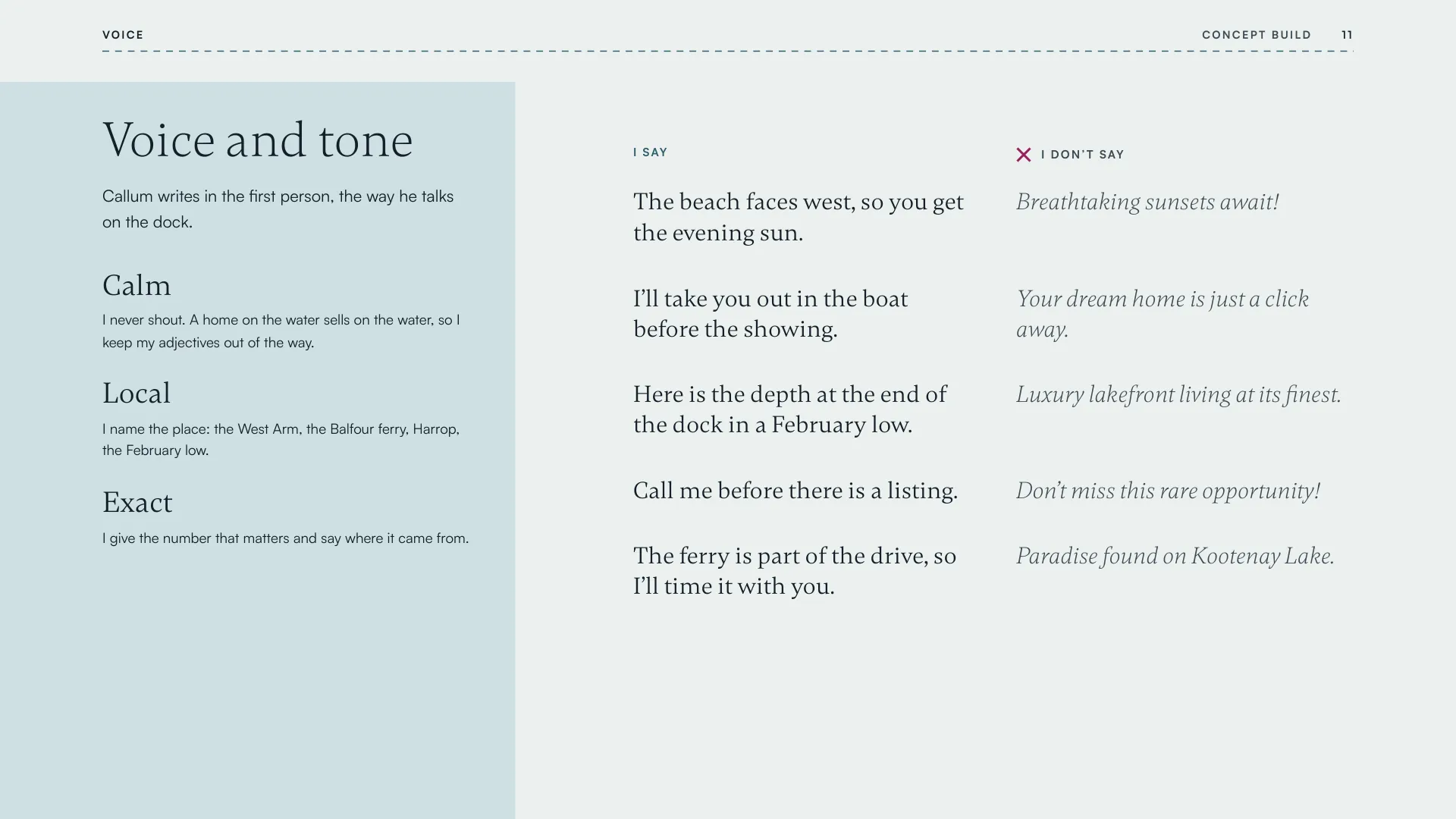 Concept: page 11 of the Vale Realty brand guidelines, voice and tone, with lines Callum says and lines he never says