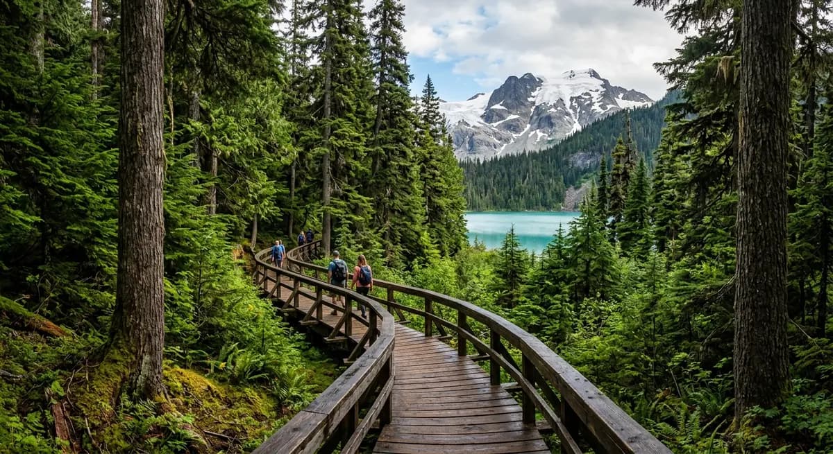 Nature trail boardwalk through wetlands in West Kootenay park