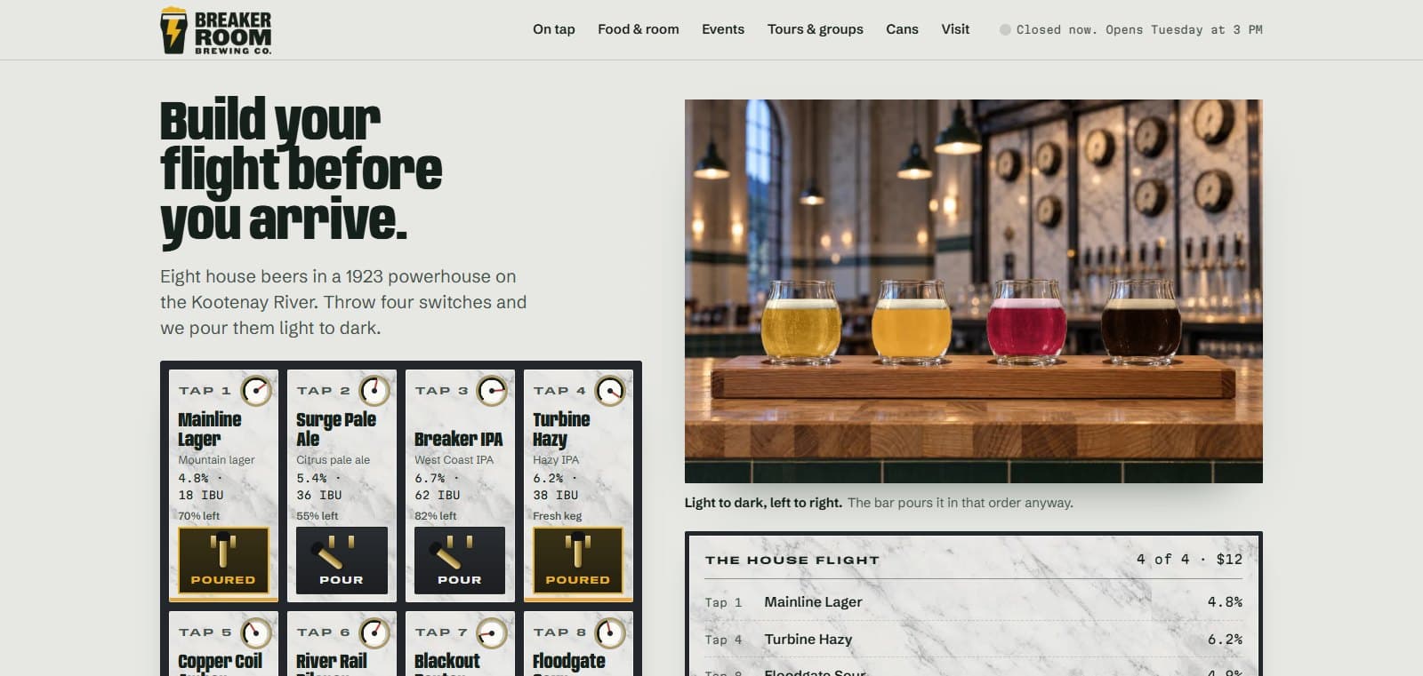 Breaker Room Brewing concept homepage: the Flight Board tap wall beside a four-glass flight on a paddle
