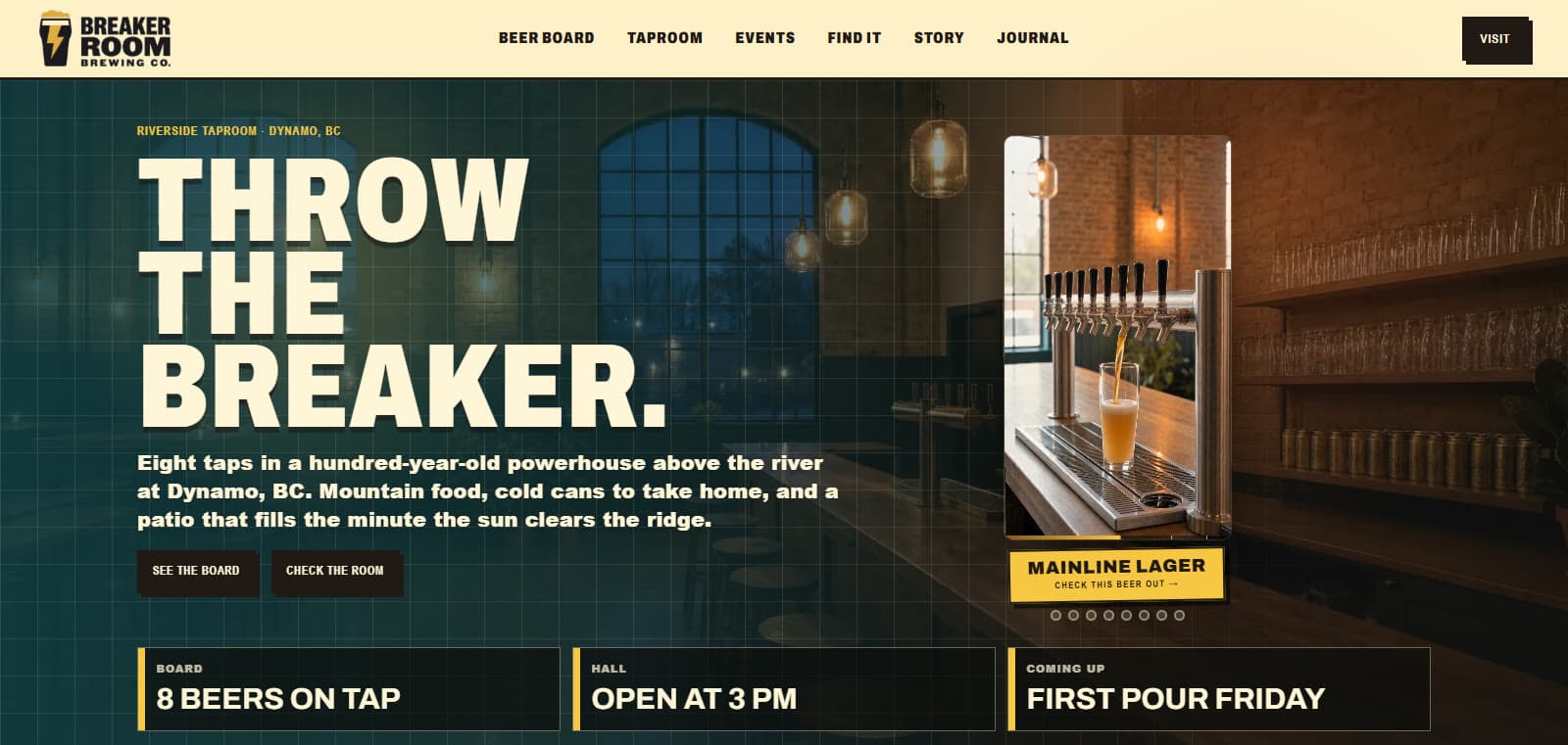 Breaker Room Brewing concept homepage: a filmed pint pouring at the taproom bar beside the Throw the Breaker headline