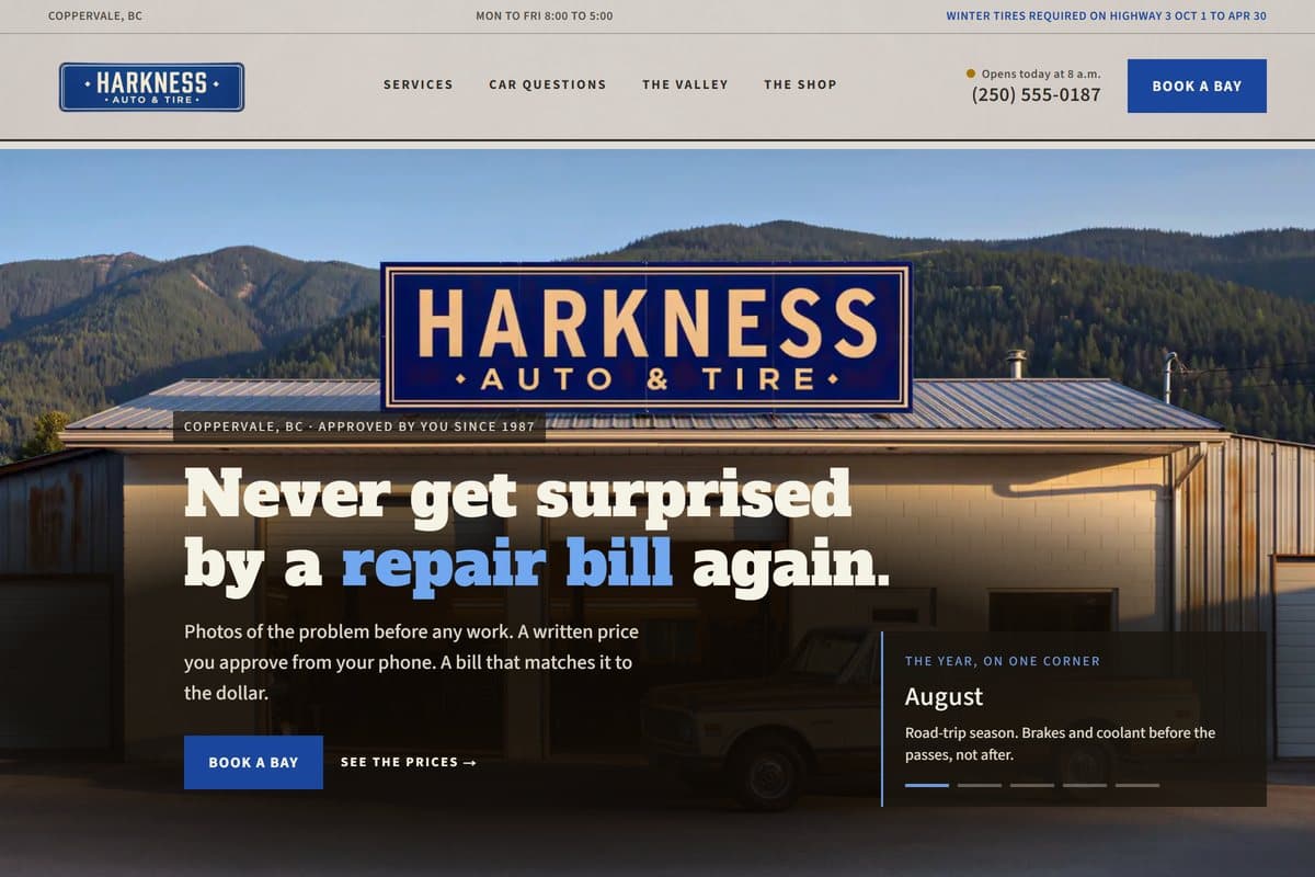 Harkness Auto & Tire concept website homepage showing the shop building and sign