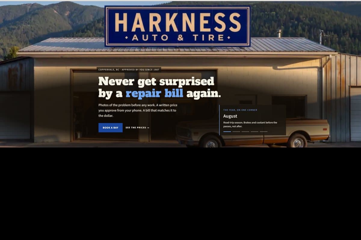 Harkness Auto & Tire concept website homepage showing the shop building and sign