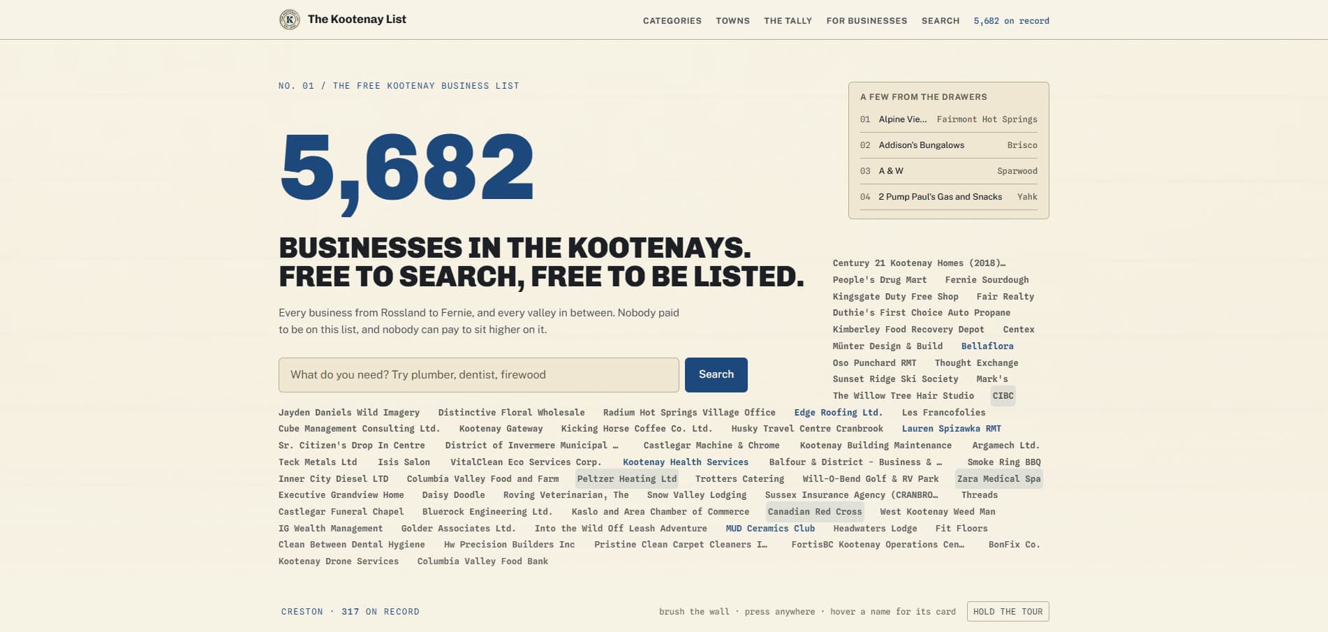 The Kootenay List live site screenshot