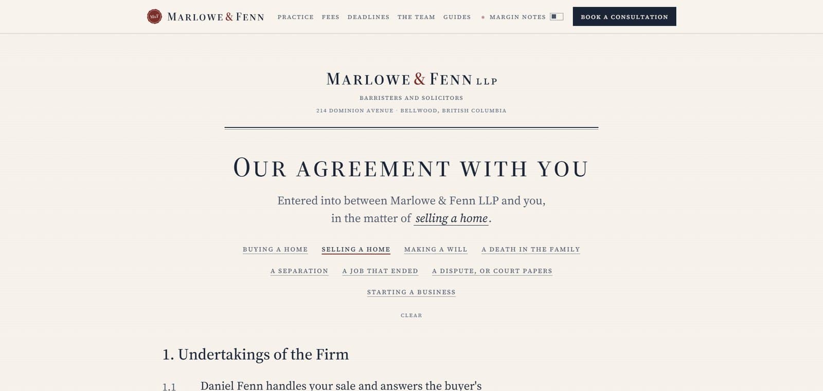 Marlowe & Fenn LLP law firm concept homepage: the agreement drafted in the matter of selling a home