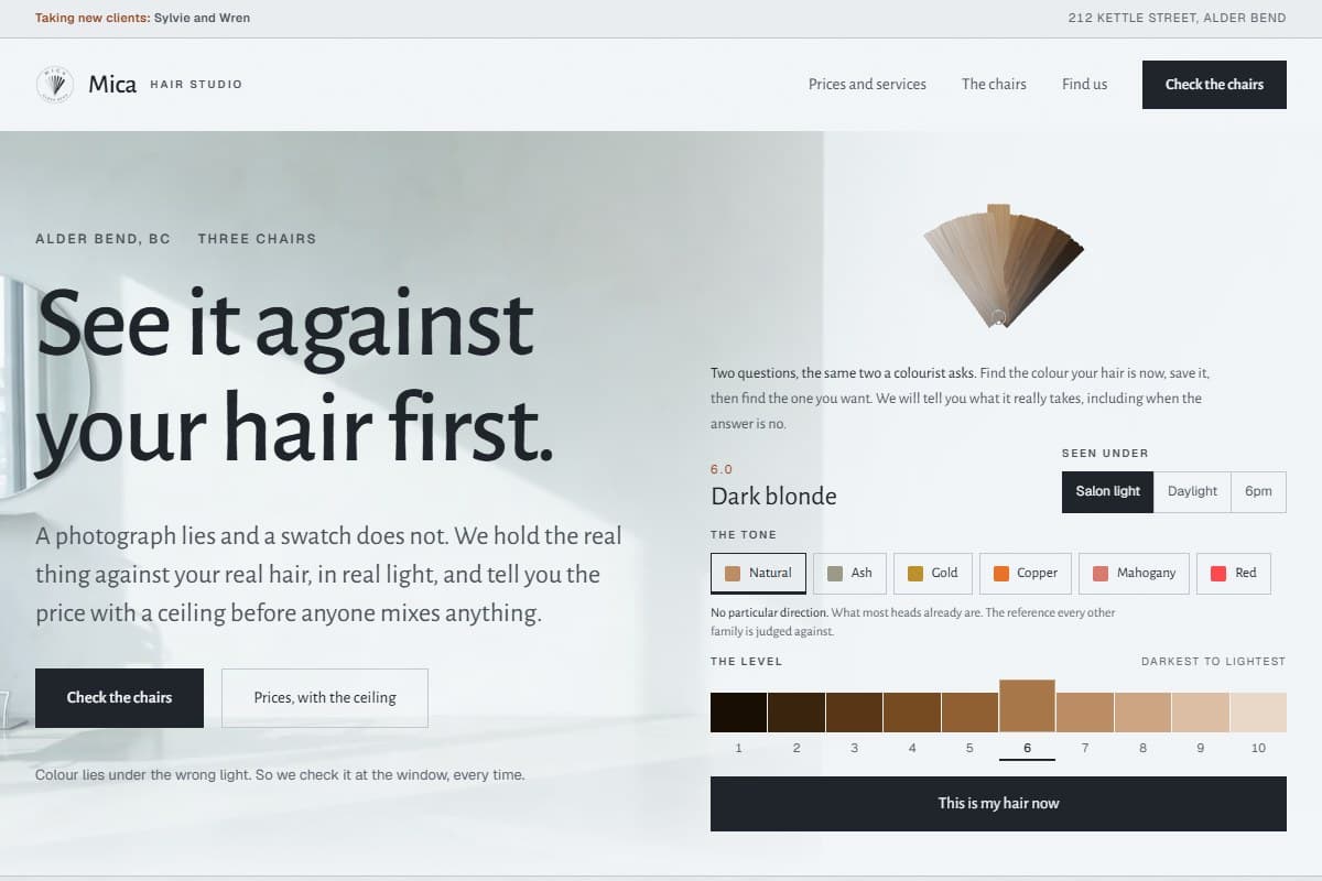Mica Hair Studio salon concept homepage preview with the colour swatch ring