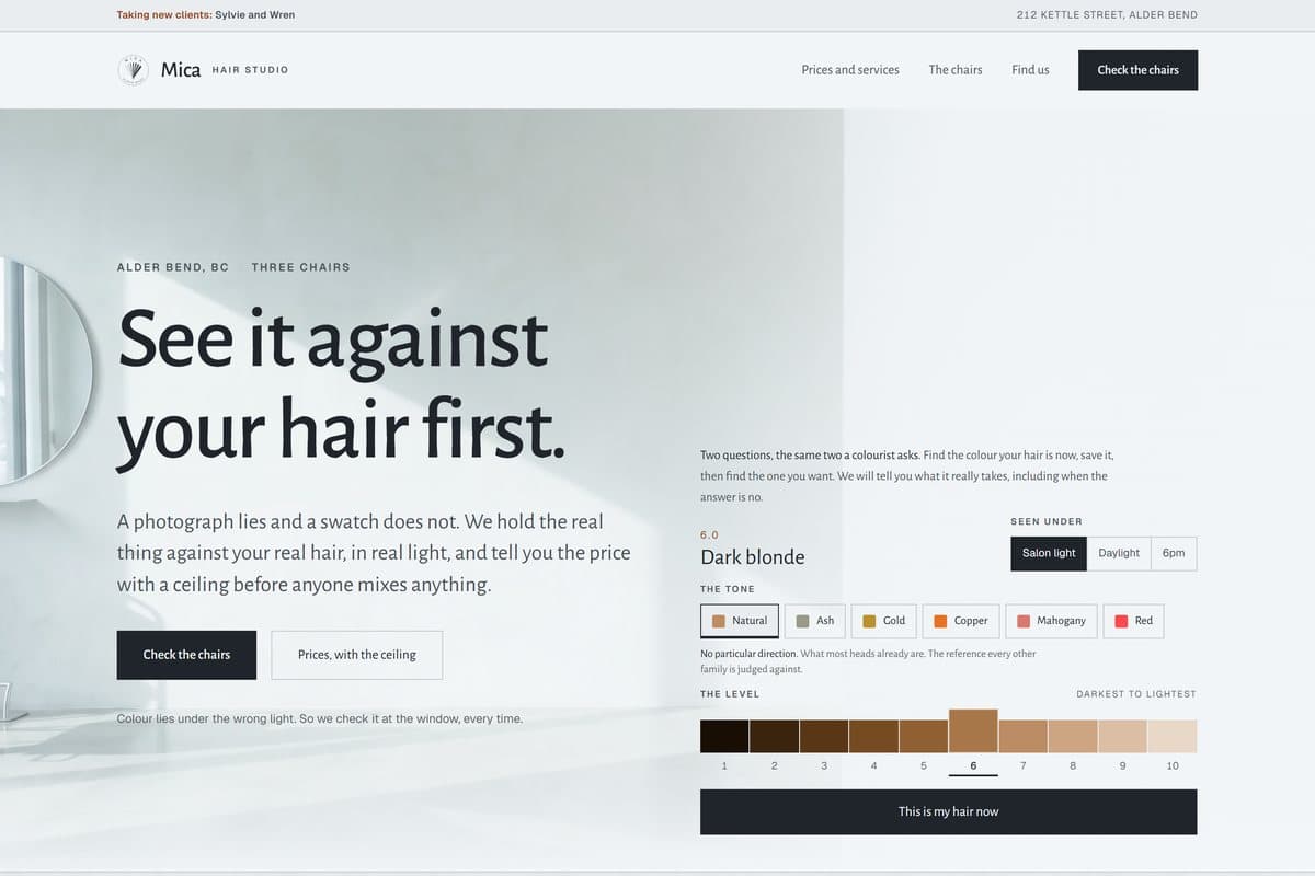 Mica Hair Studio salon concept homepage preview with the colour swatch ring