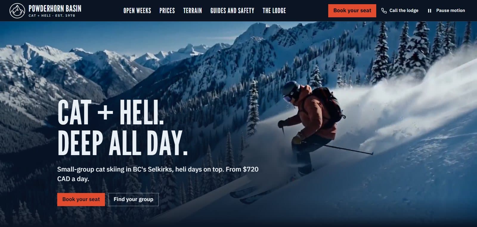 Powderhorn Basin concept homepage, with a skier in deep snow under the line Cat + heli. Deep all day.