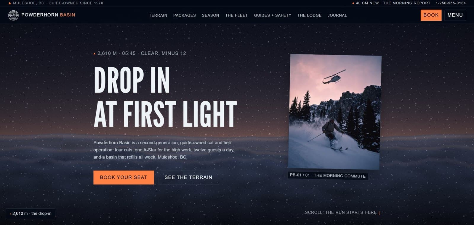 Powderhorn Basin concept homepage: the drop-in at first light with altimeter and logbook still