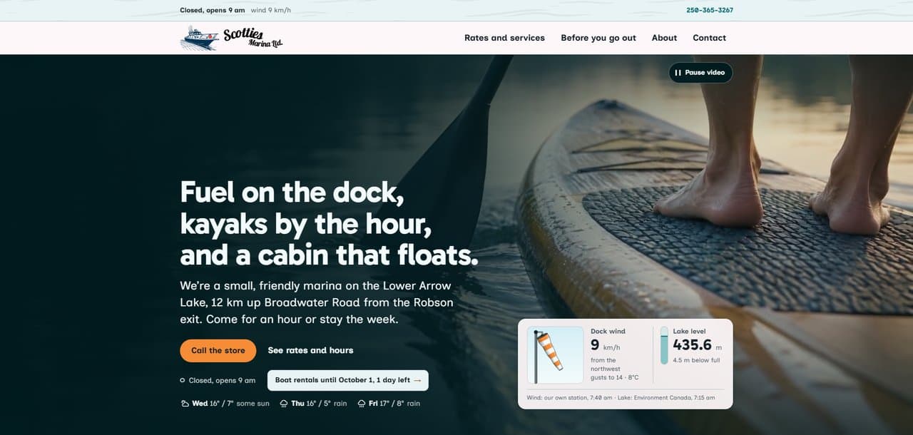 Scotties Marina homepage preview, with the dock wind and lake level card