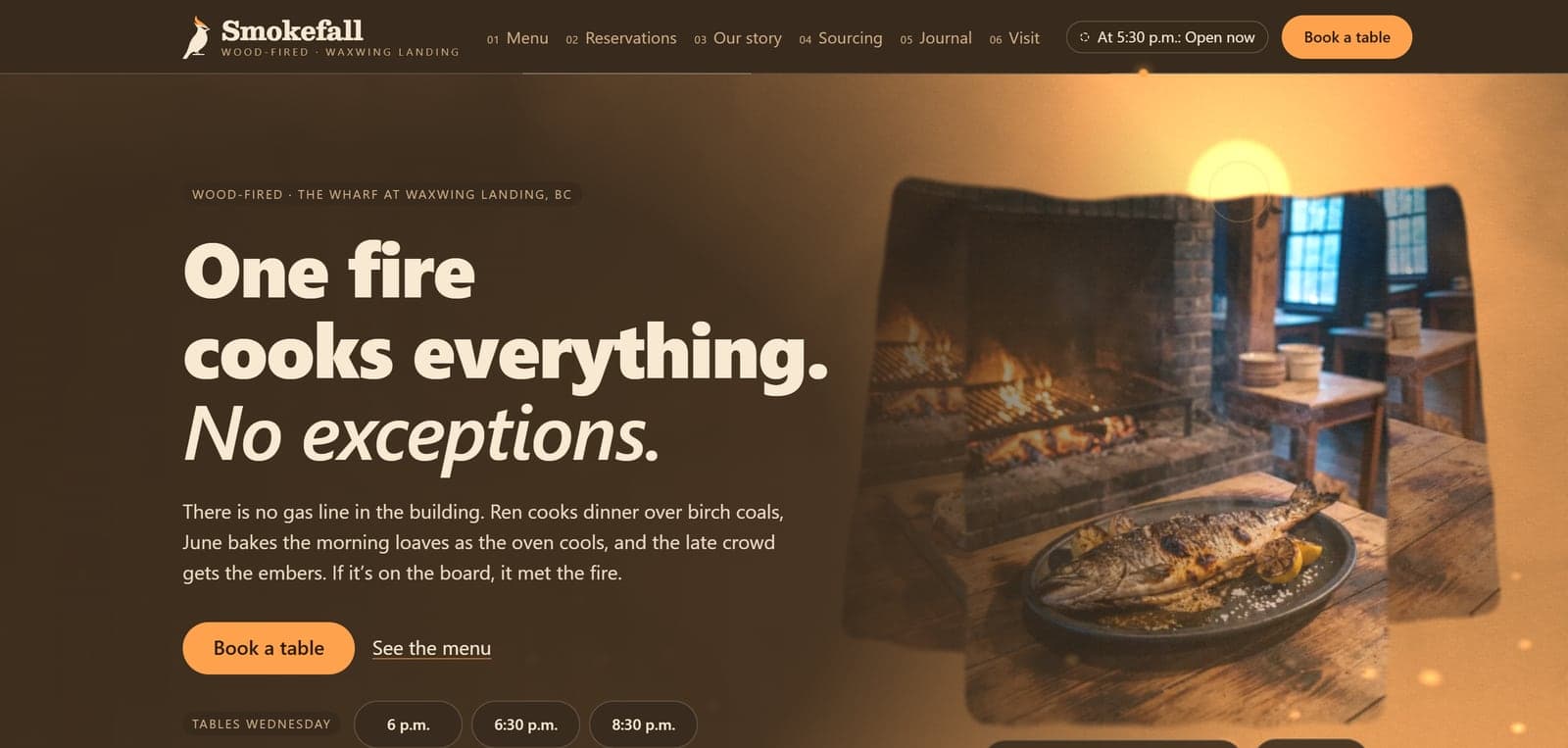 Smokefall wood-fired restaurant concept homepage preview