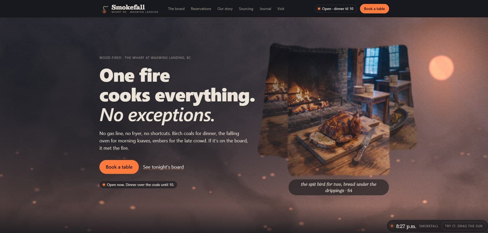 Smokefall wood-fired restaurant concept homepage preview