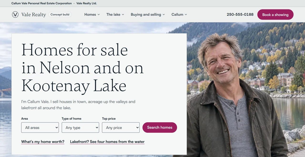 Vale Realty real estate concept homepage: Callum Vale on the Nelson waterfront beside a home search